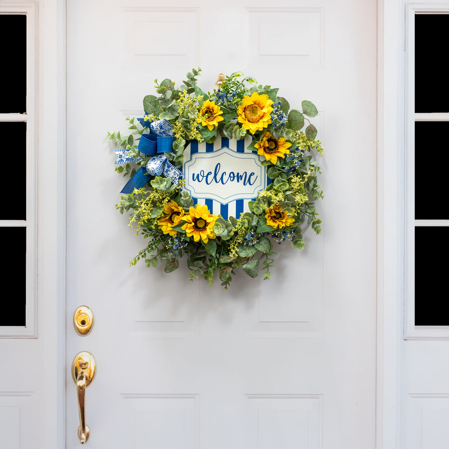 10.5" Round Waterproof Accent Sign: French Blue Scalloped Stripe Welcome