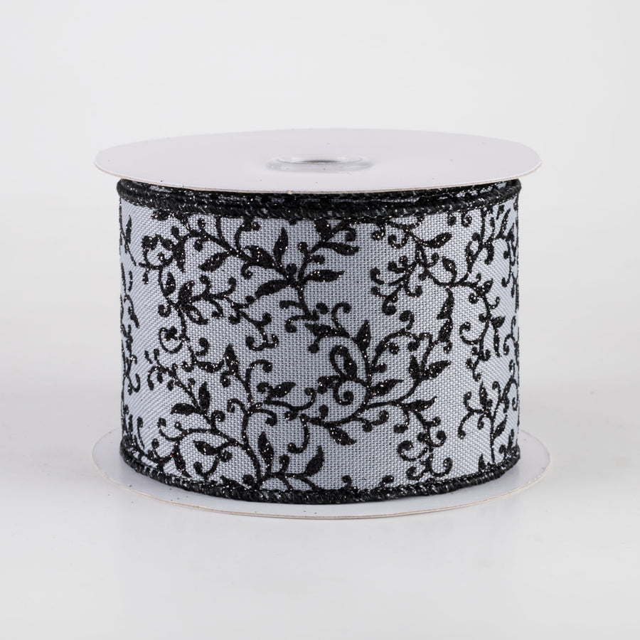 2.5" Glitter Mini Leaf Vines Ribbon: Grey & Black (10 Yards)