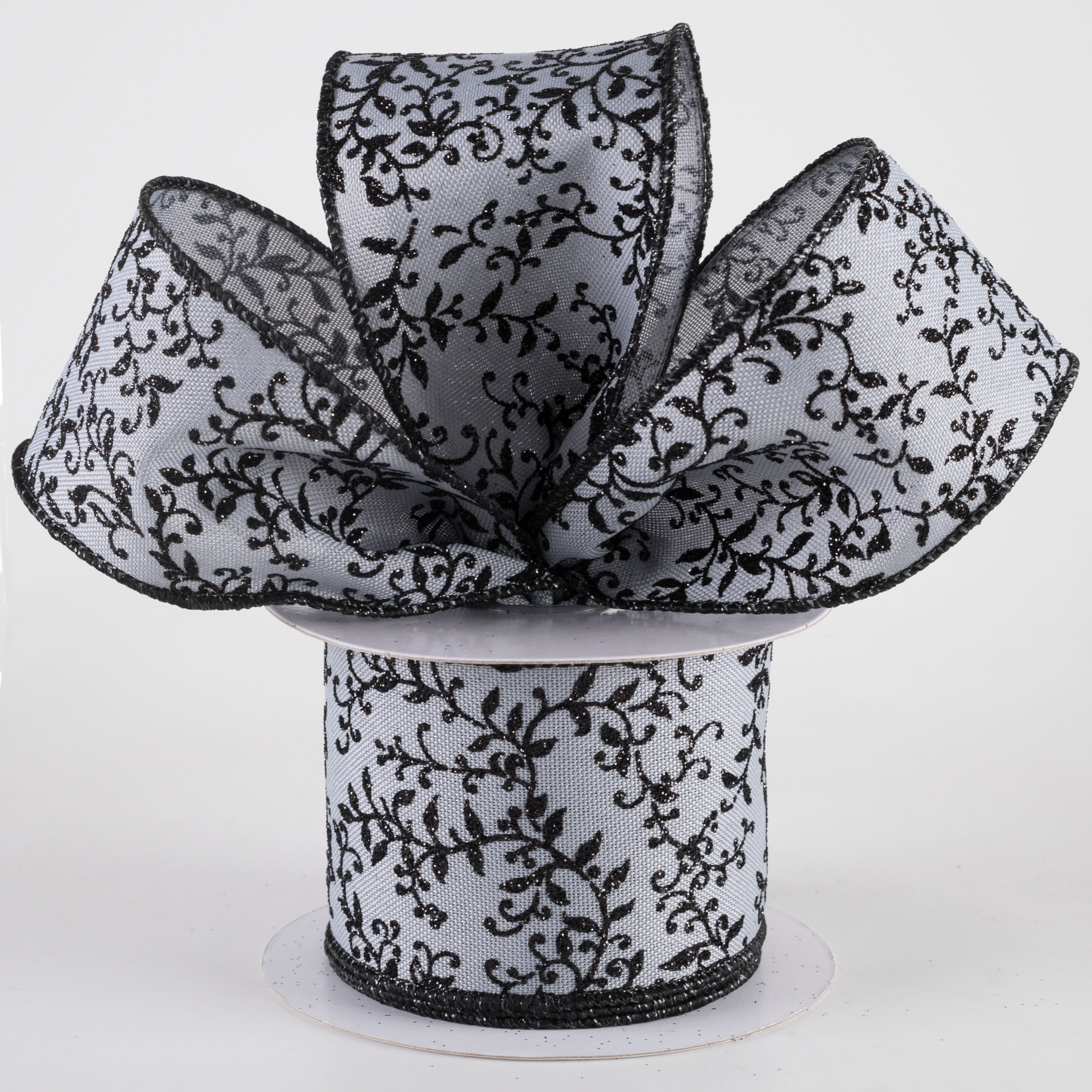 2.5" Glitter Mini Leaf Vines Ribbon: Grey & Black (10 Yards)