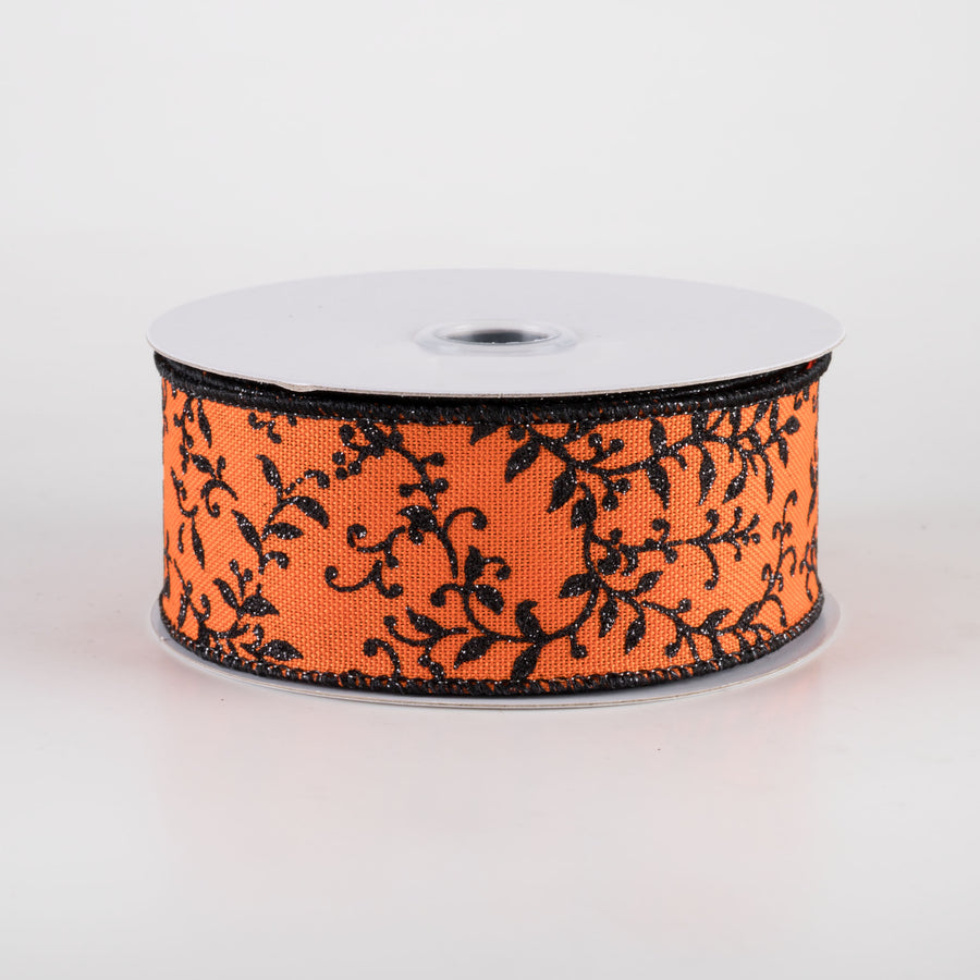 1.5" Glitter Mini Leaf Vines Ribbon: Orange & Black (10 Yards)