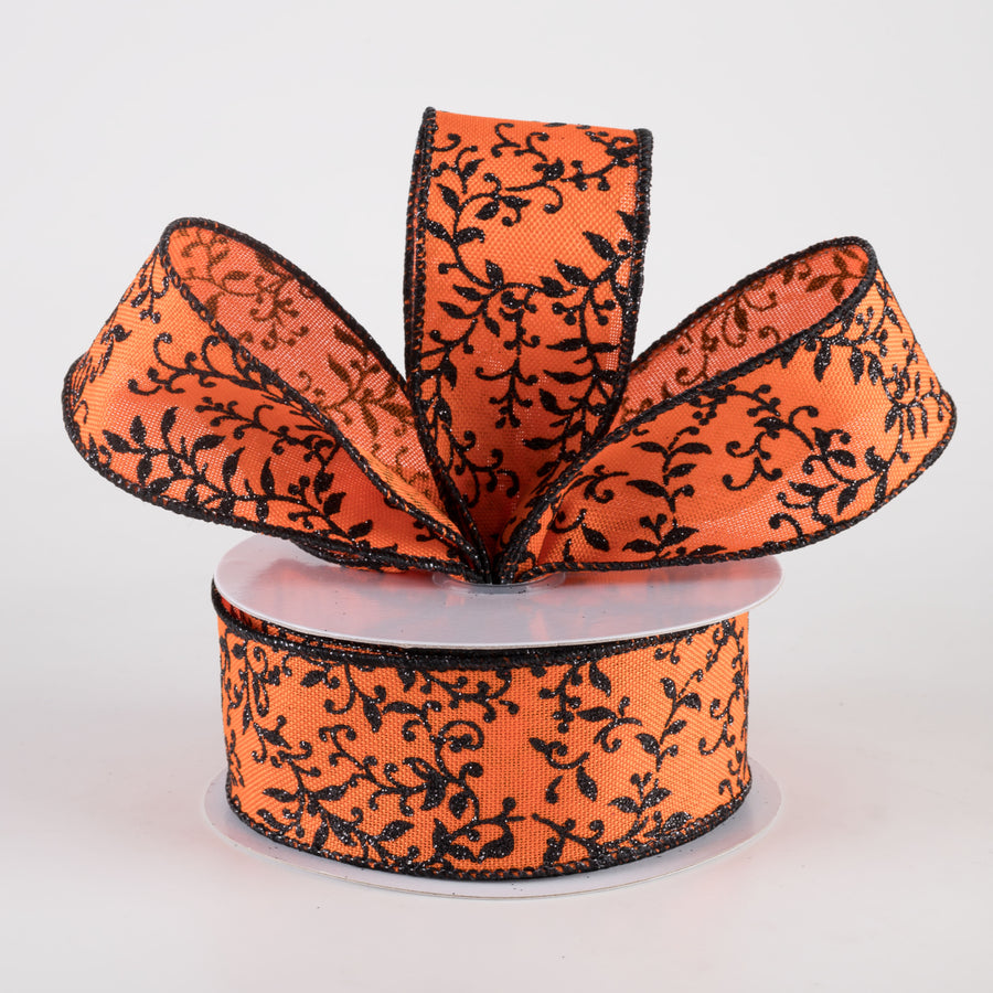 1.5" Glitter Mini Leaf Vines Ribbon: Orange & Black (10 Yards)
