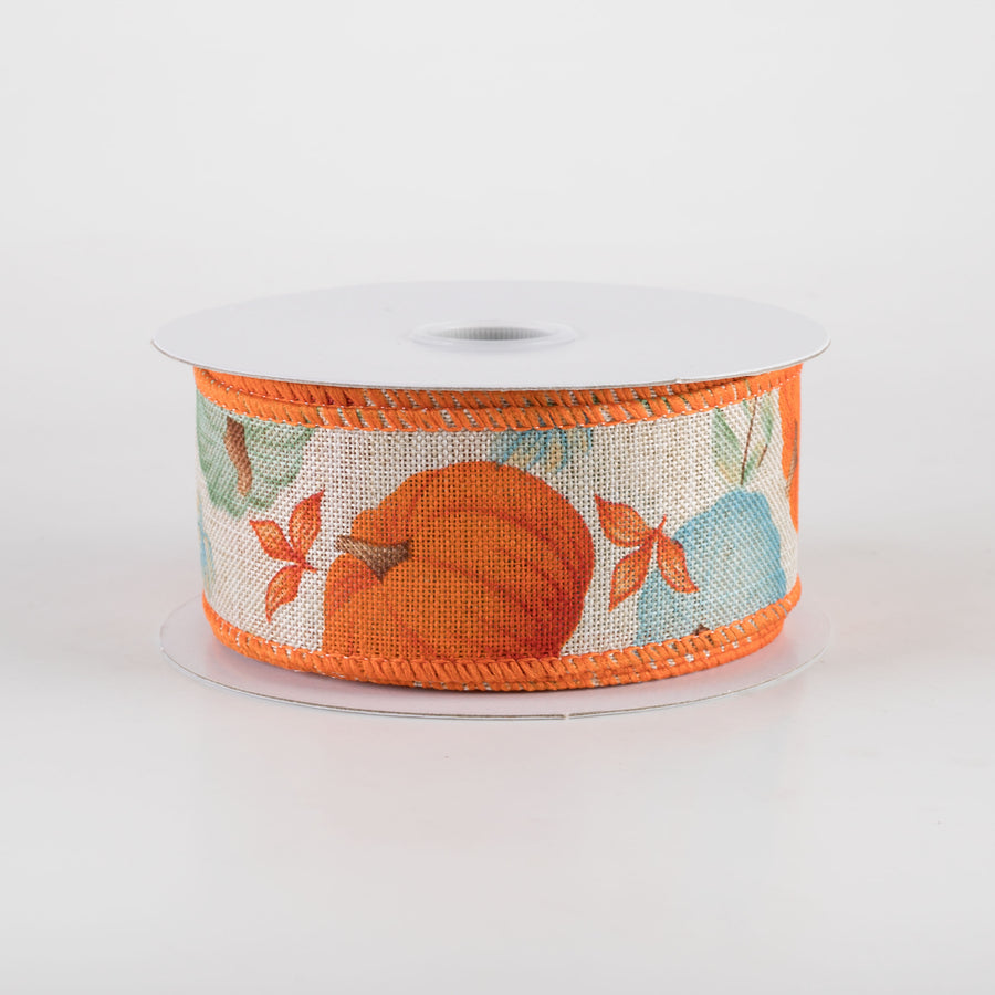 1.5" Linen Fall Pumpkins Ribbon: Orange & Teal on Natural (10 Yards)