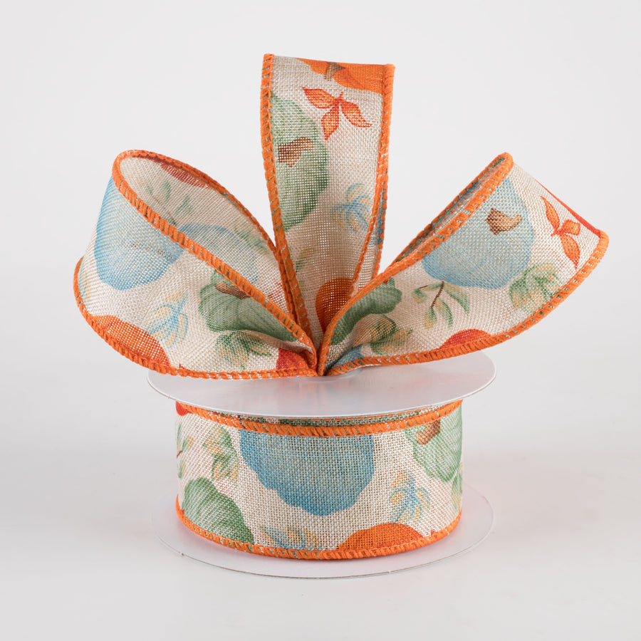 1.5" Linen Fall Pumpkins Ribbon: Orange & Teal on Natural (10 Yards)