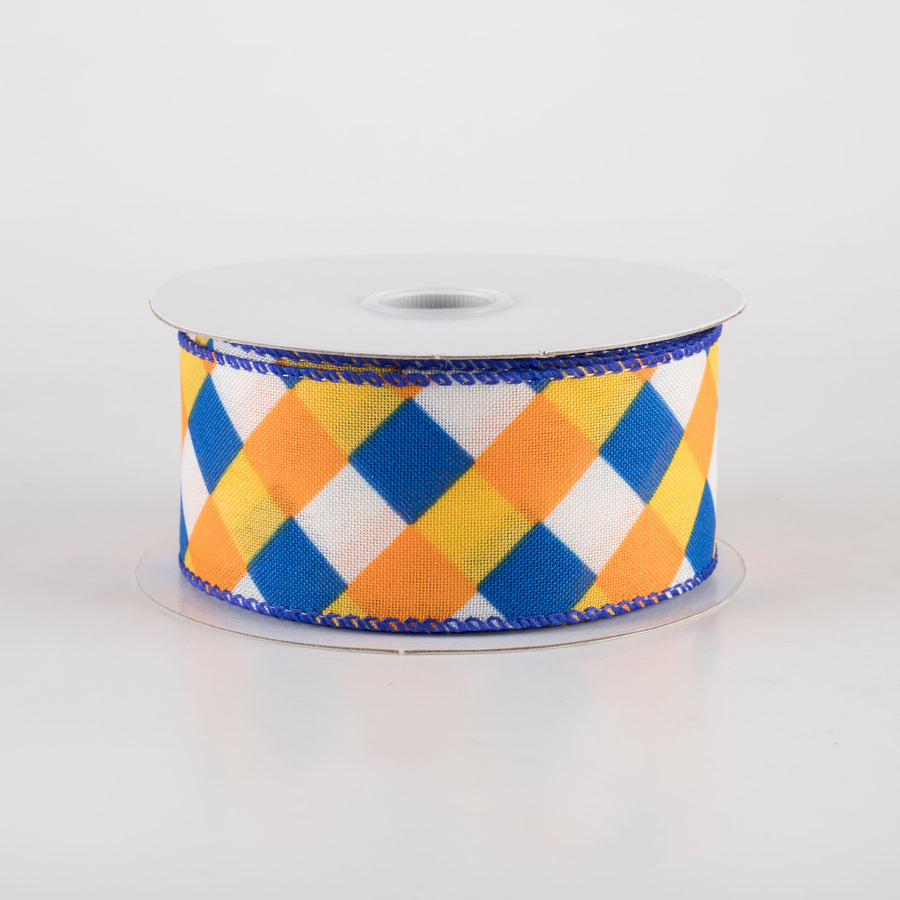 1.5" Diagonal Stripes Ribbon: Royal, Orange & Sunflower on Ivory (10 Yards)