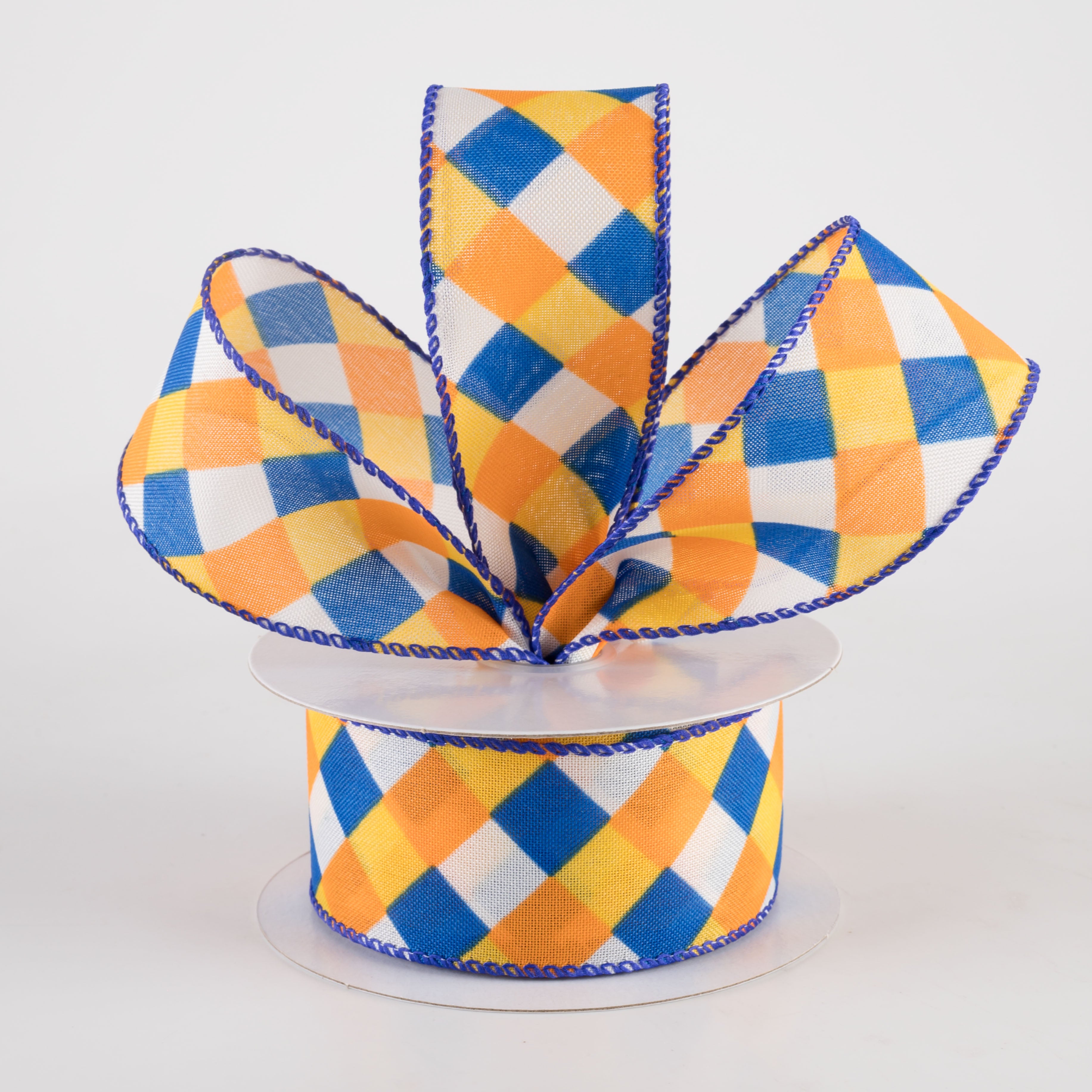 1.5" Diagonal Stripes Ribbon: Royal, Orange & Sunflower on Ivory (10 Yards)