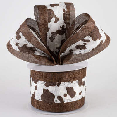 2.5" Linen Cow Print with Edge Ribbon: Brown (10 Yards)