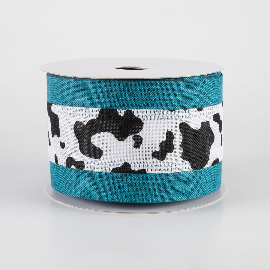 2.5" Linen Cow Print with Edge Ribbon: Teal Blue (10 Yards)