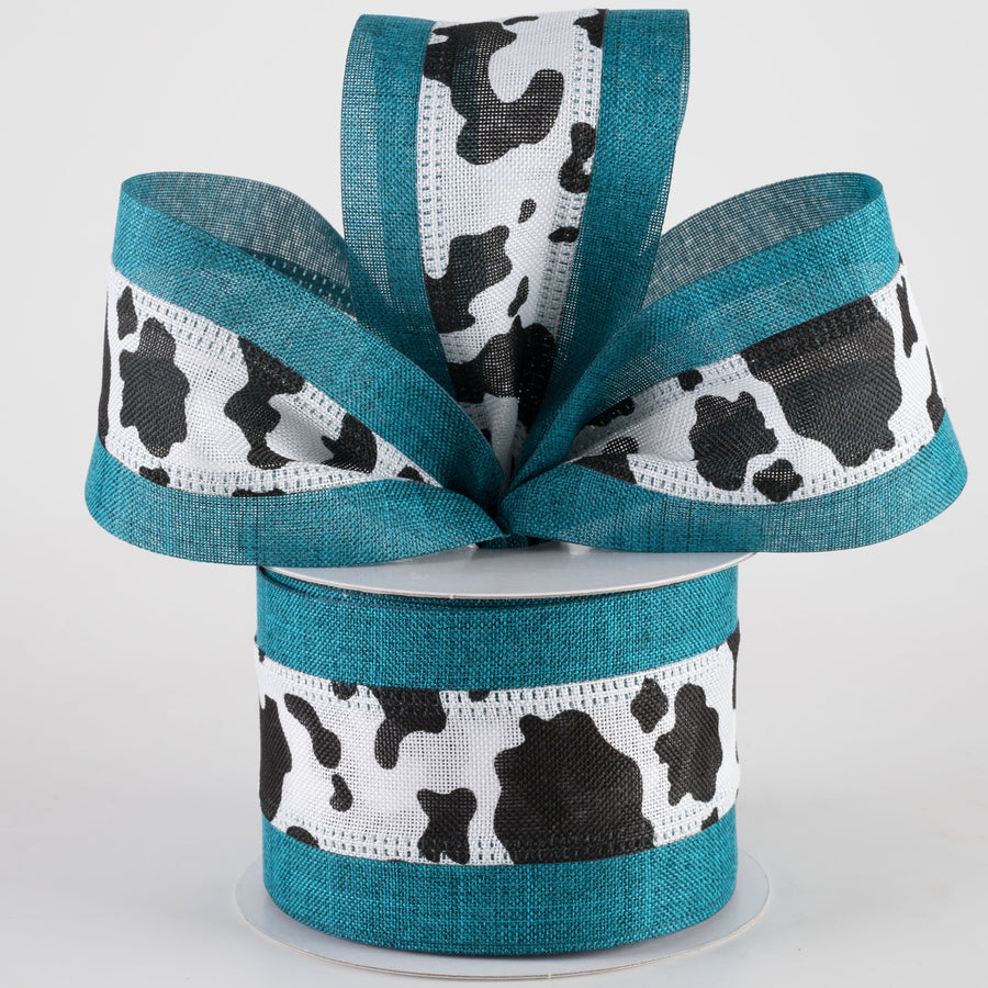 2.5" Linen Cow Print with Edge Ribbon: Teal Blue (10 Yards)