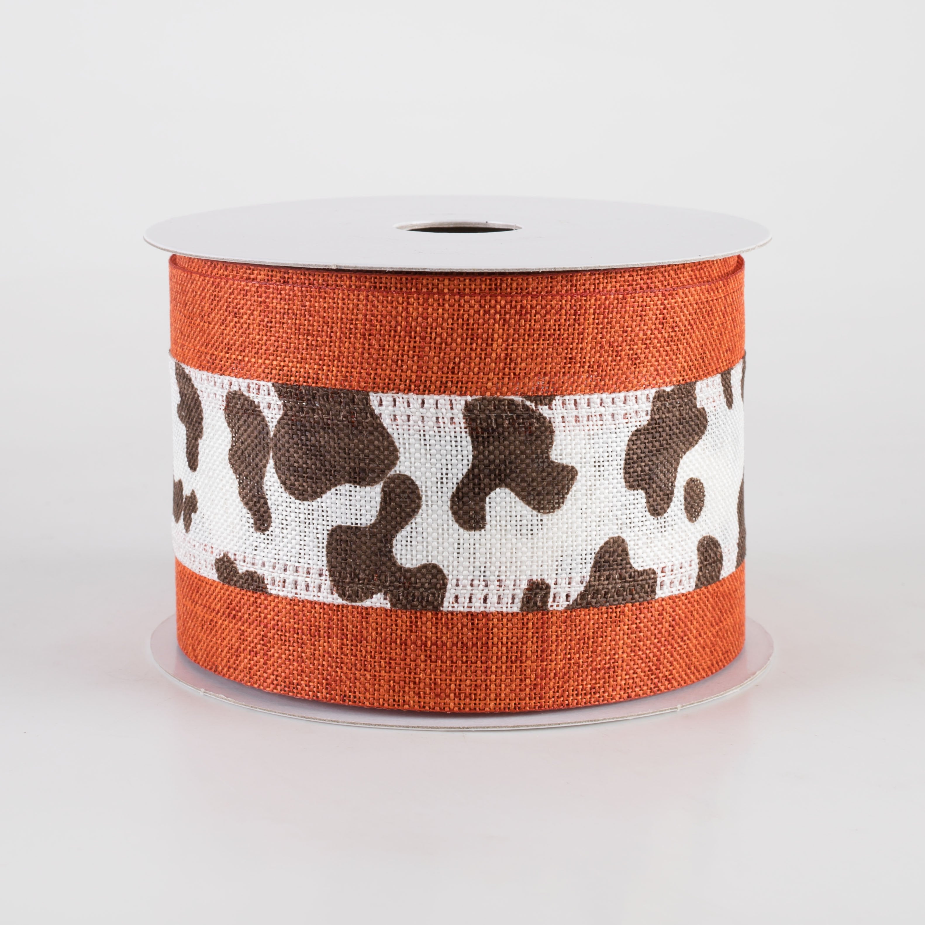 2.5" Linen Cow Print with Edge Ribbon: Rust Orange (10 Yards)