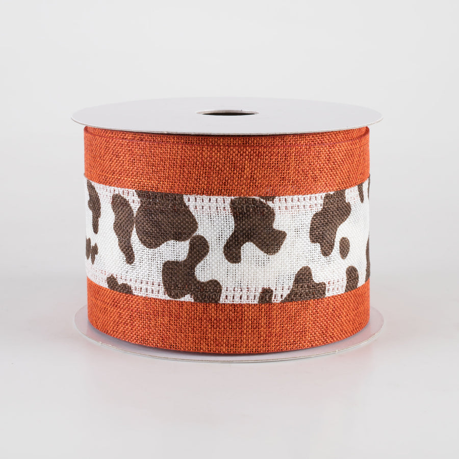 2.5" Linen Cow Print with Edge Ribbon: Rust Orange (10 Yards)