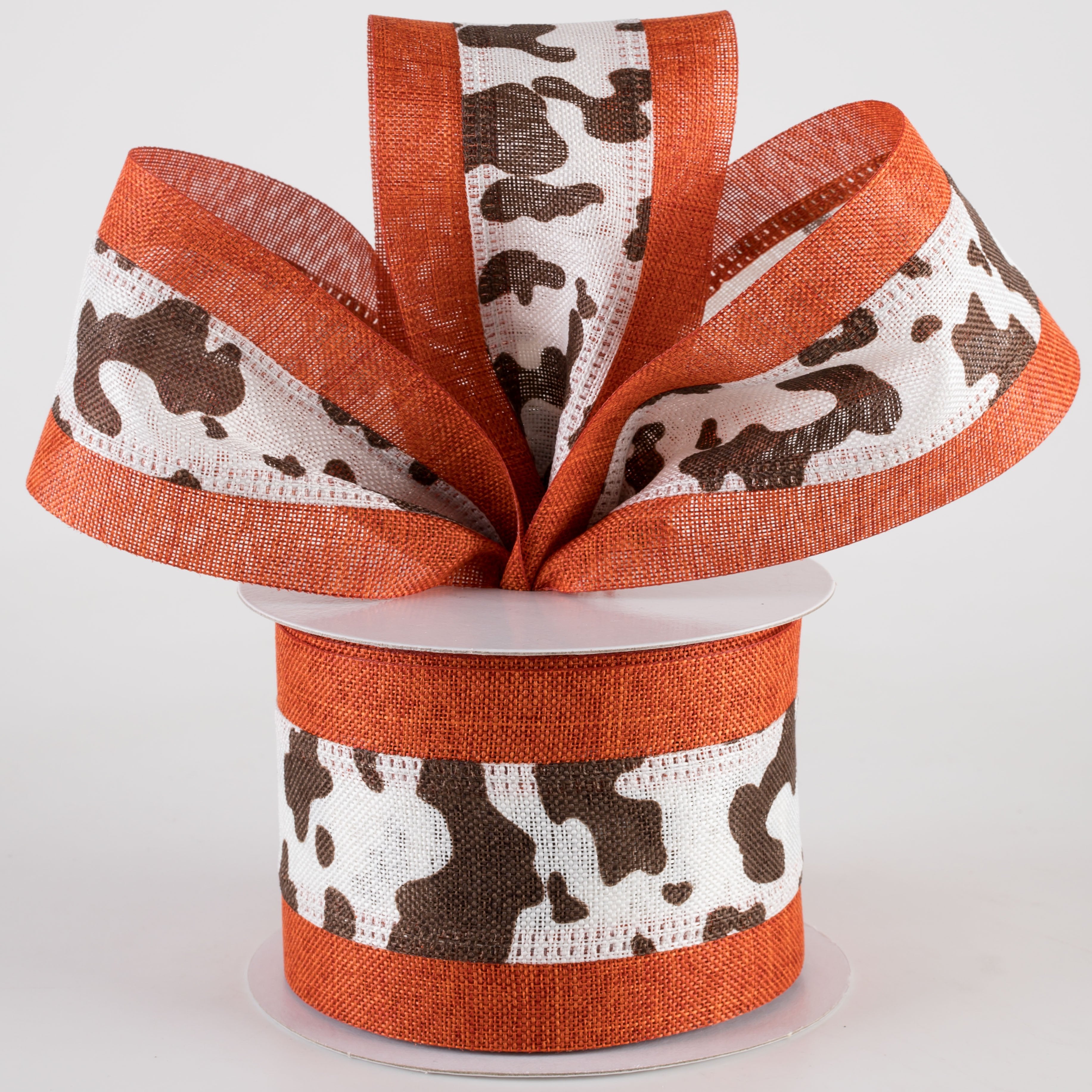 2.5" Linen Cow Print with Edge Ribbon: Rust Orange (10 Yards)