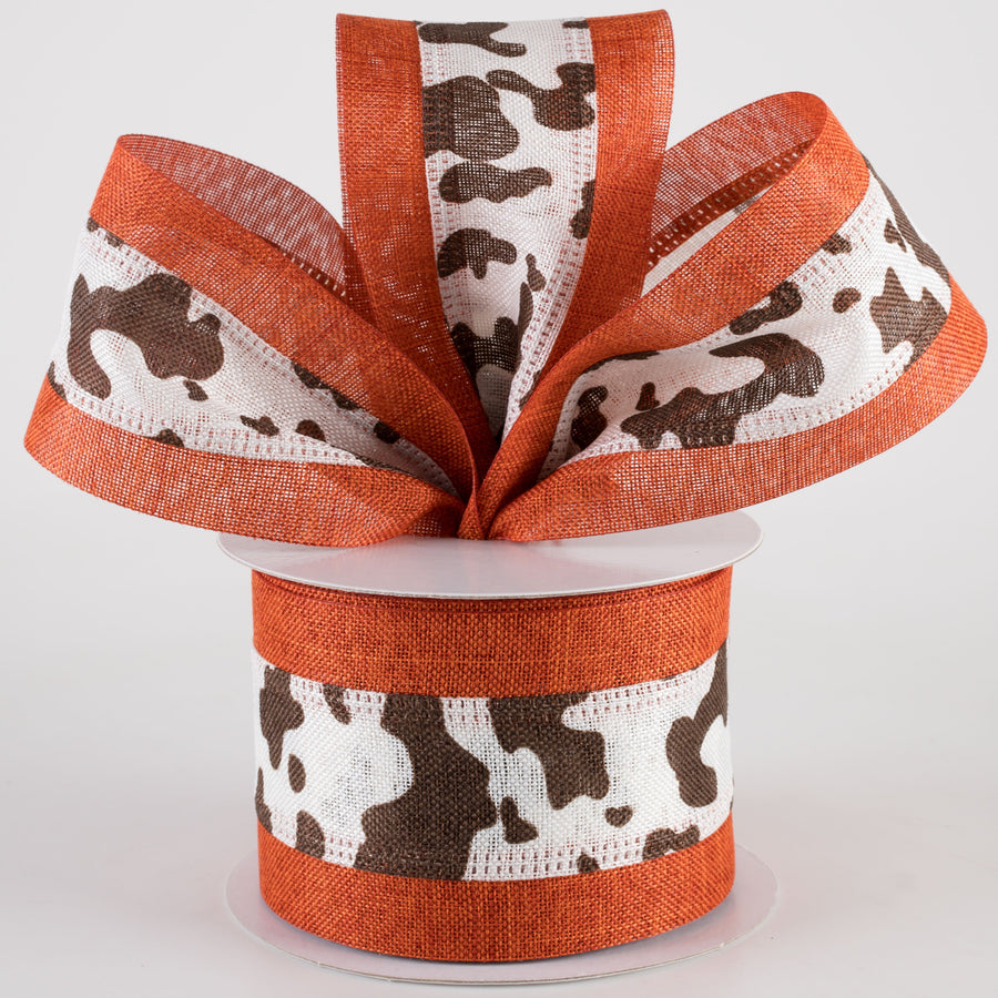 2.5" Linen Cow Print with Edge Ribbon: Rust Orange (10 Yards)