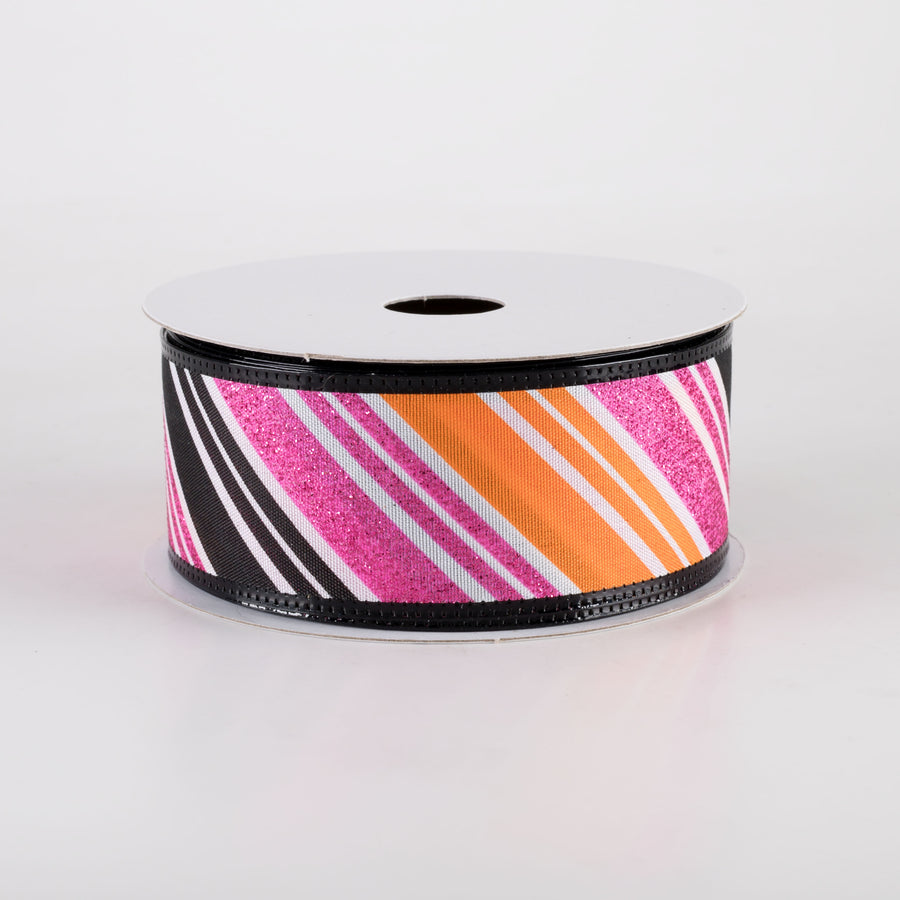 1.5" Glittered Diagonal Stripes Ribbon: Fuchsia Pink, Orange & Black (10 Yards)