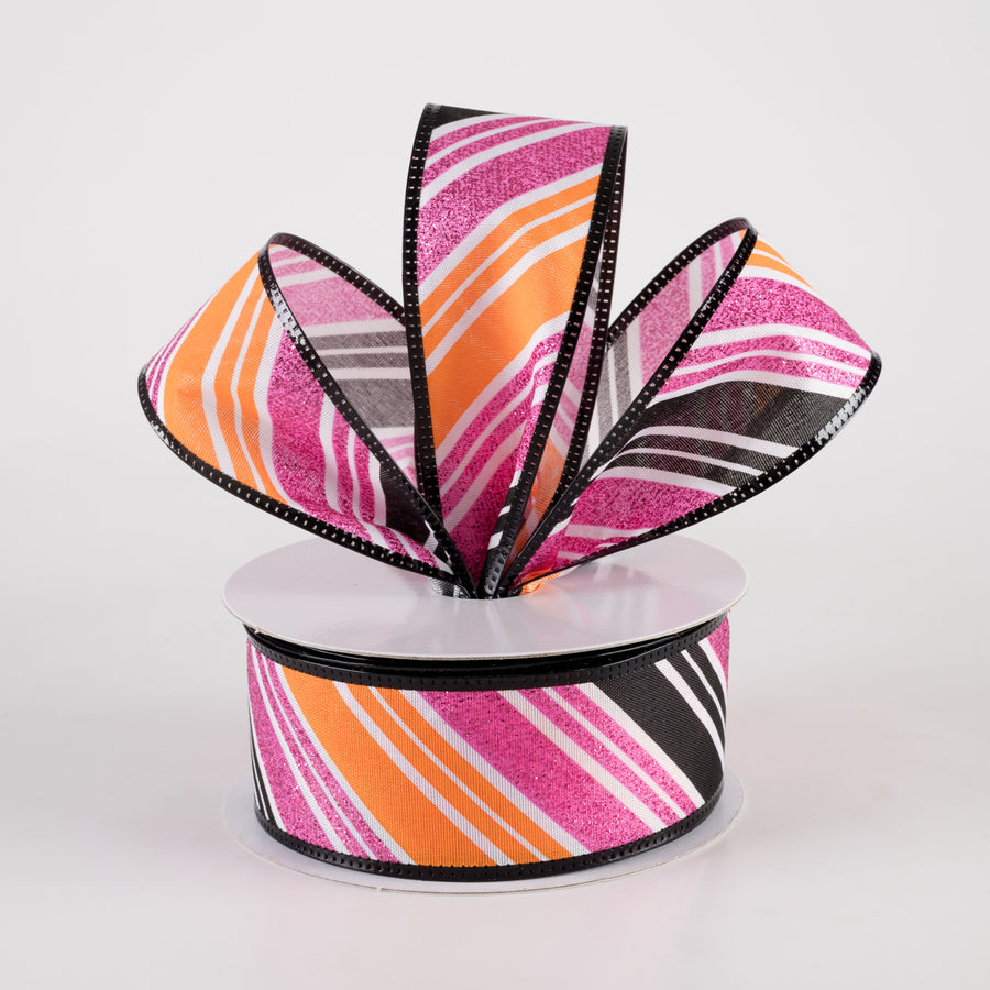 1.5" Glittered Diagonal Stripes Ribbon: Fuchsia Pink, Orange & Black (10 Yards)