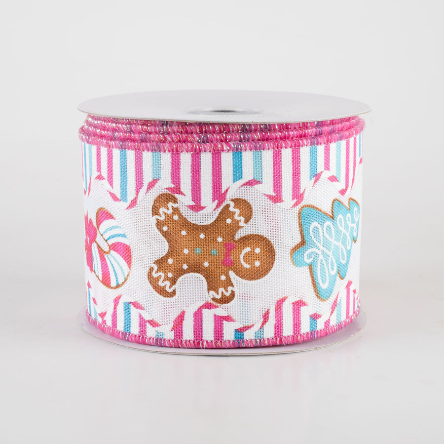 2.5" Gingerbread Christmas Cookies Stripes Ribbon: Pink & Blue (10 Yards)