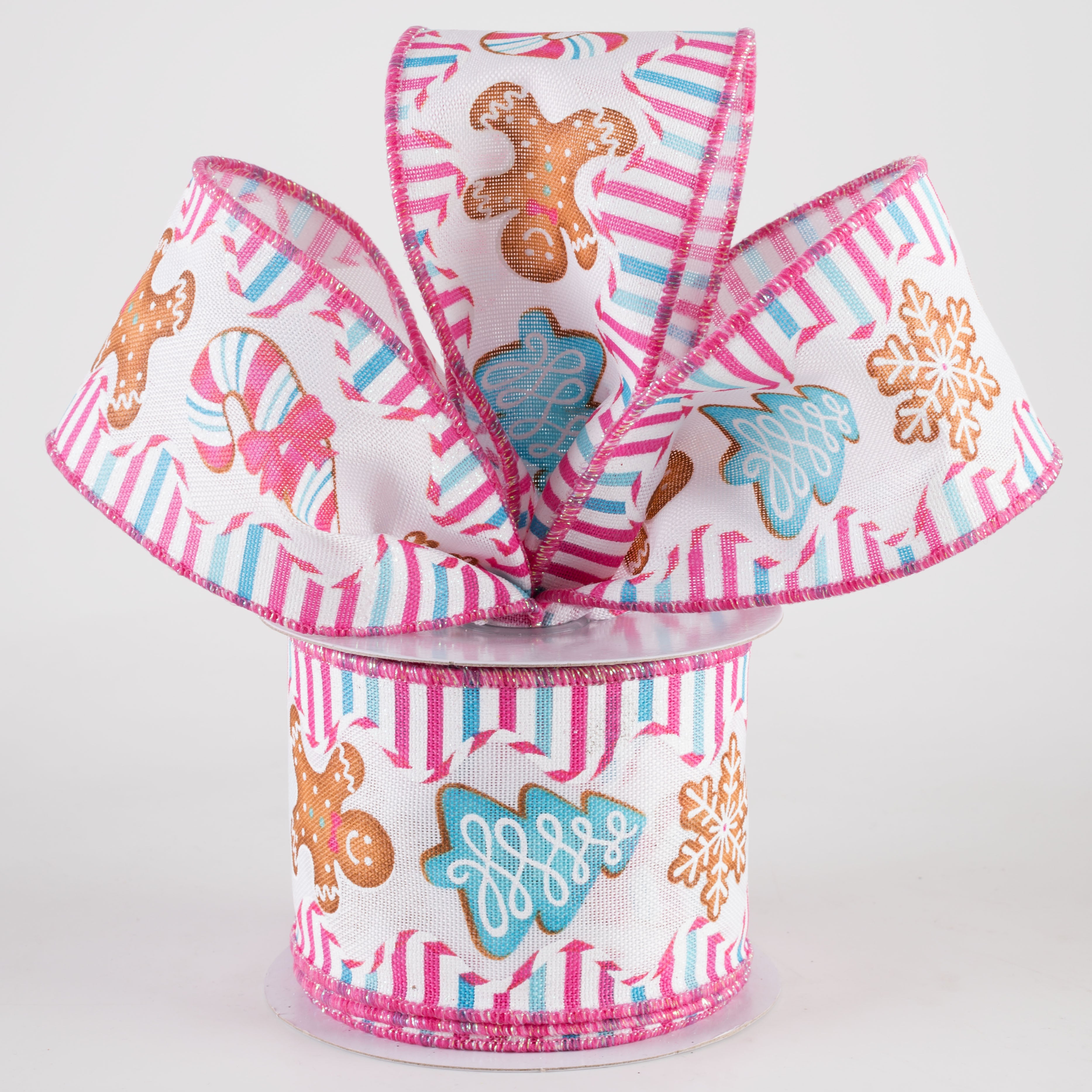 2.5" Gingerbread Christmas Cookies Stripes Ribbon: Pink & Blue (10 Yards)