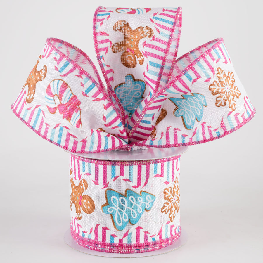 2.5" Gingerbread Christmas Cookies Stripes Ribbon: Pink & Blue (10 Yards)