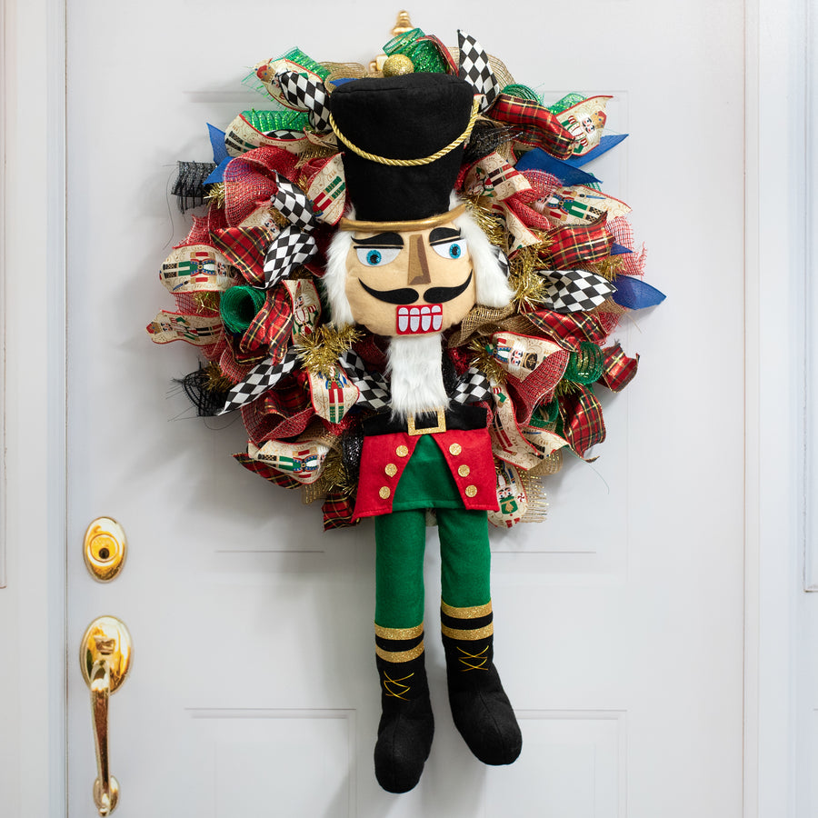 33" 2-Piece Nutcracker Wreath Accent: Black, Emerald & Red