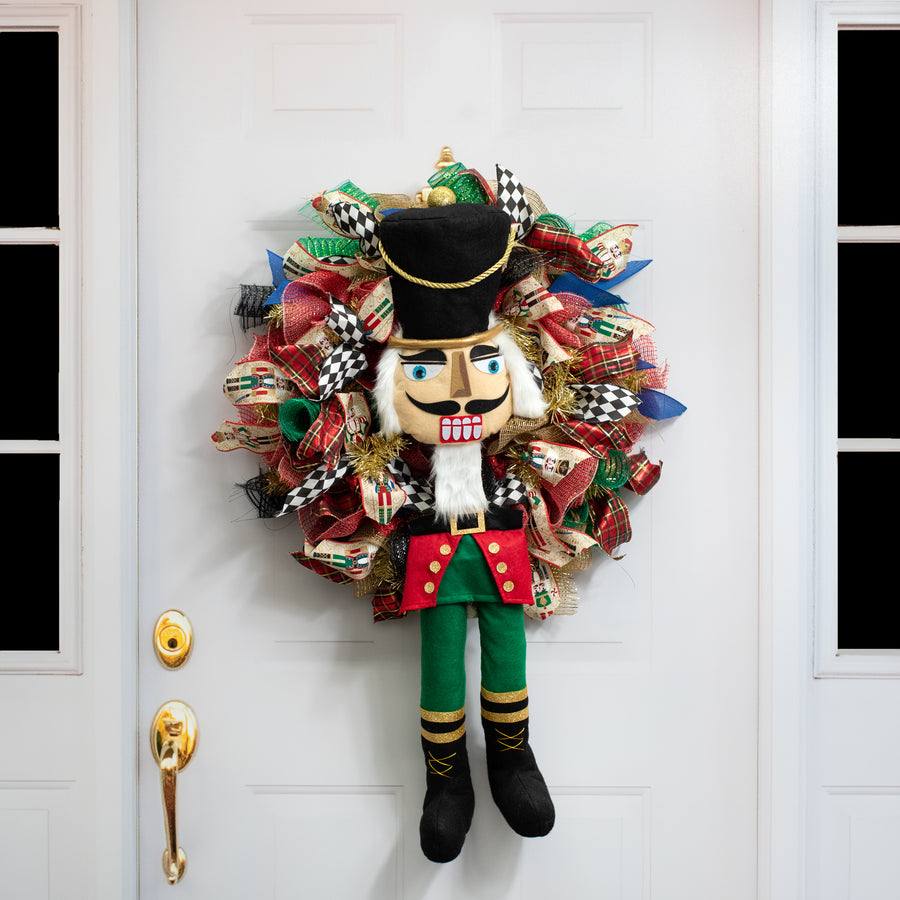 33" 2-Piece Nutcracker Wreath Accent: Black, Emerald & Red