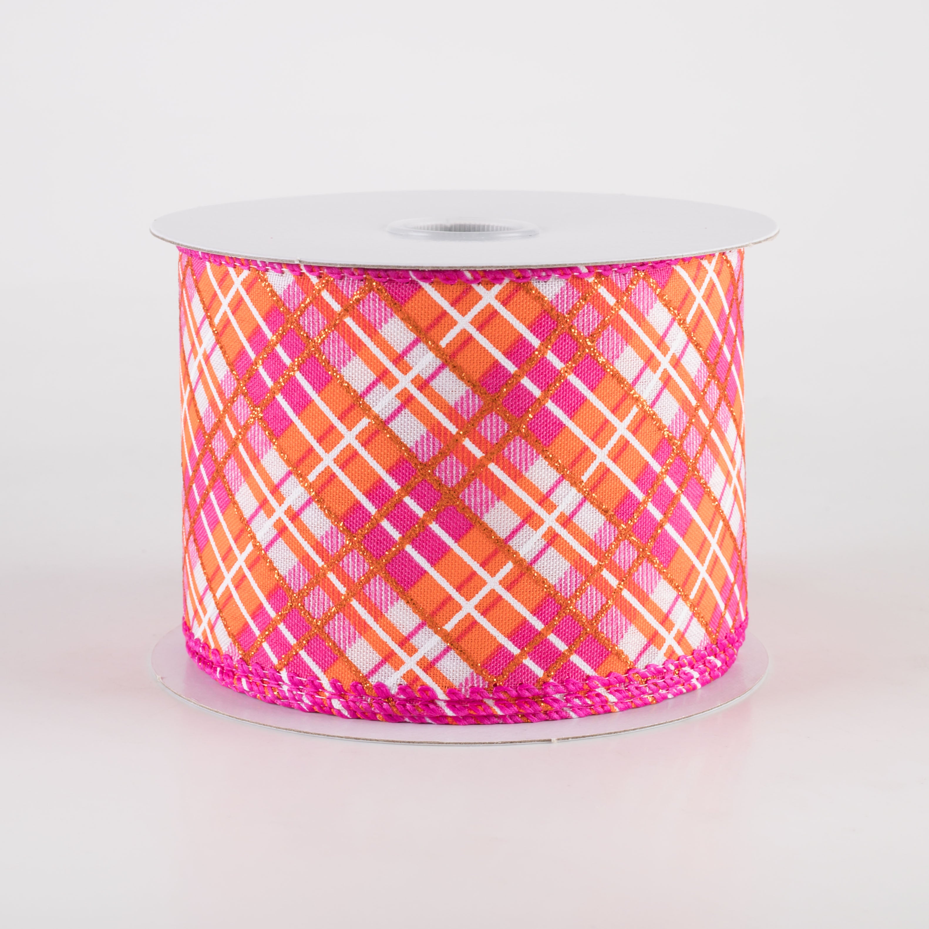 2.5" Busy Diagonal Plaid Ribbon: White, Fuchsia & Orange (10 Yards)