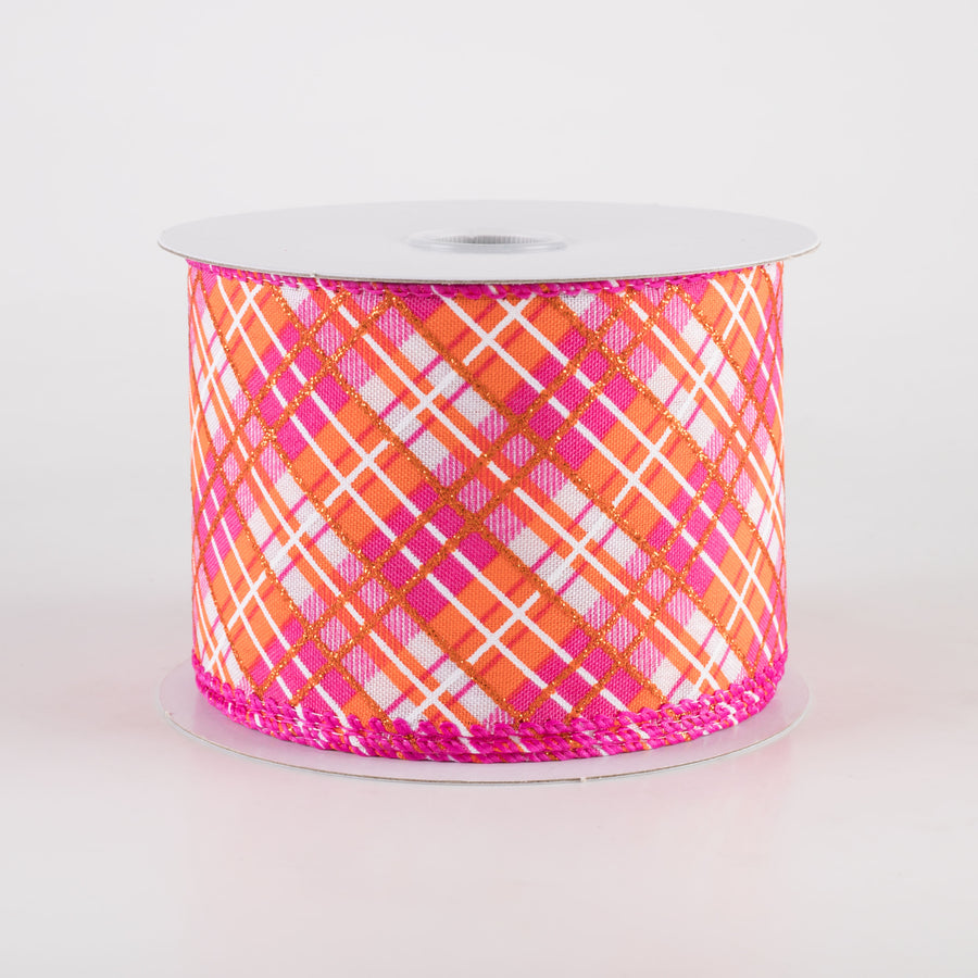 2.5" Busy Diagonal Plaid Ribbon: White, Fuchsia & Orange (10 Yards)