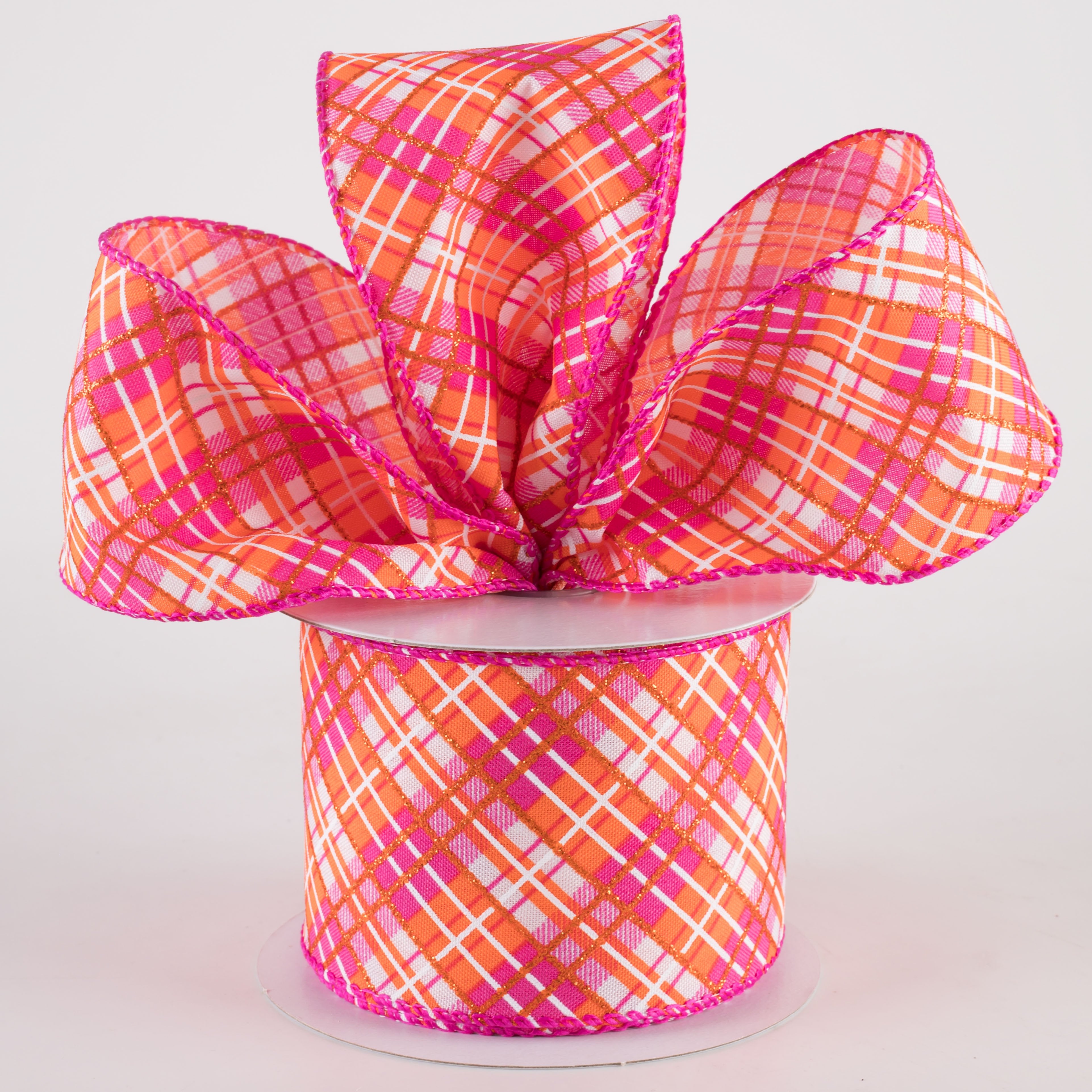 2.5" Busy Diagonal Plaid Ribbon: White, Fuchsia & Orange (10 Yards)