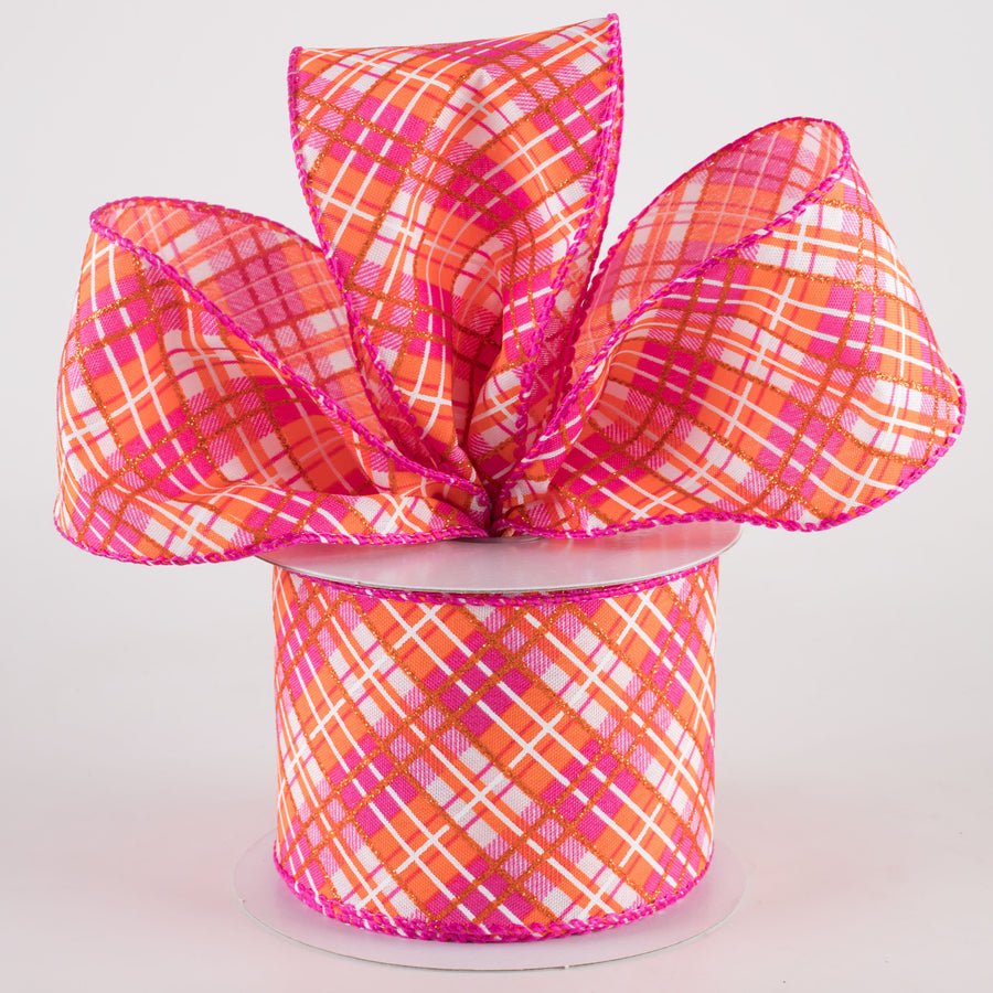 2.5" Busy Diagonal Plaid Ribbon: White, Fuchsia & Orange (10 Yards)