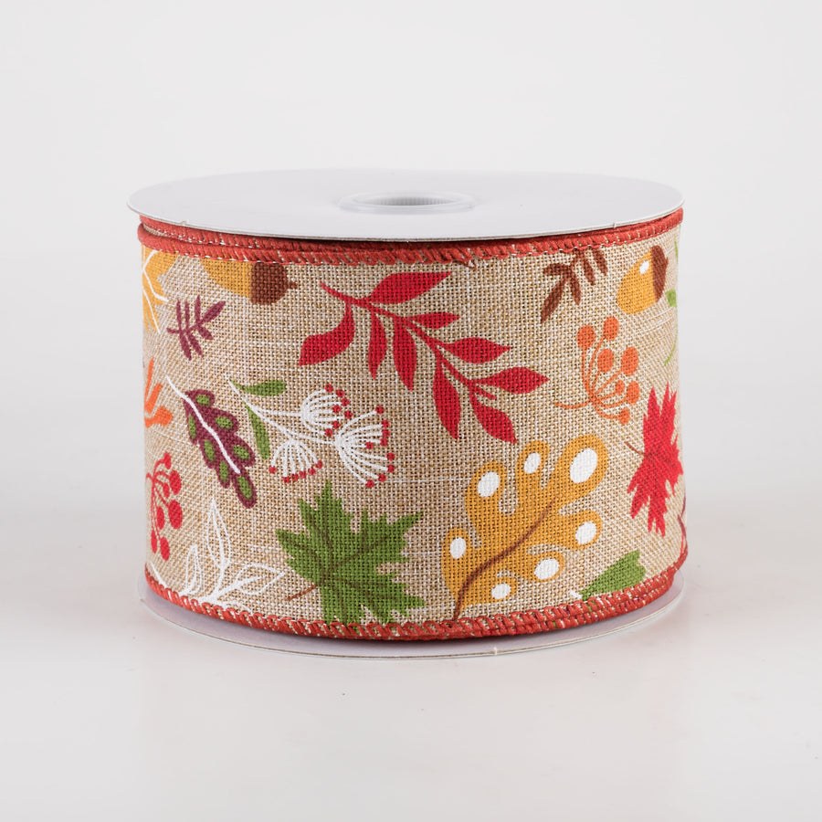 2.5" Linen Fall Foliage Ribbon: Green & Burgundy on Natural (10 Yards)