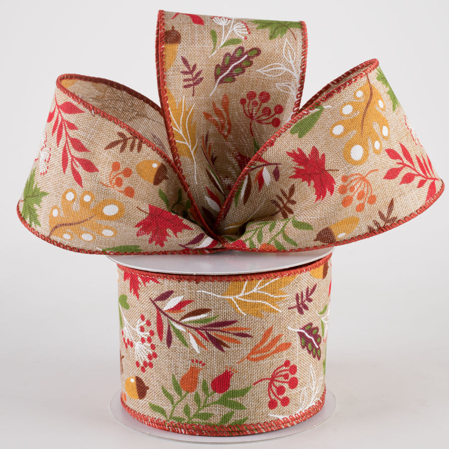 2.5" Linen Fall Foliage Ribbon: Green & Burgundy on Natural (10 Yards)