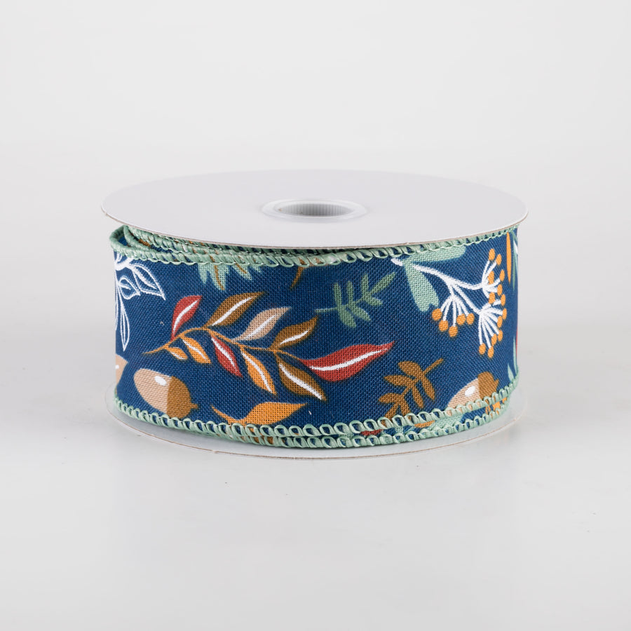 1.5" Linen Fall Foliage Ribbon: Orange & Teal on Navy (10 Yards)