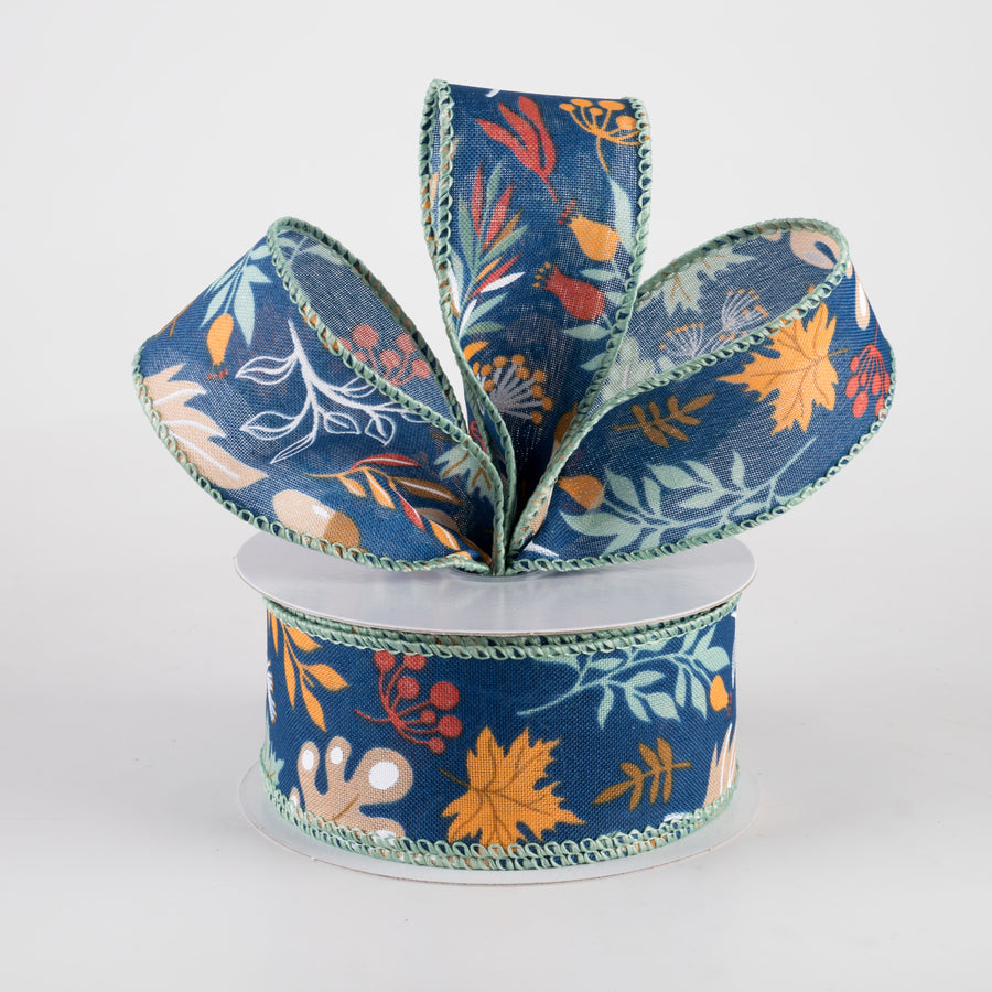 1.5" Linen Fall Foliage Ribbon: Orange & Teal on Navy (10 Yards)