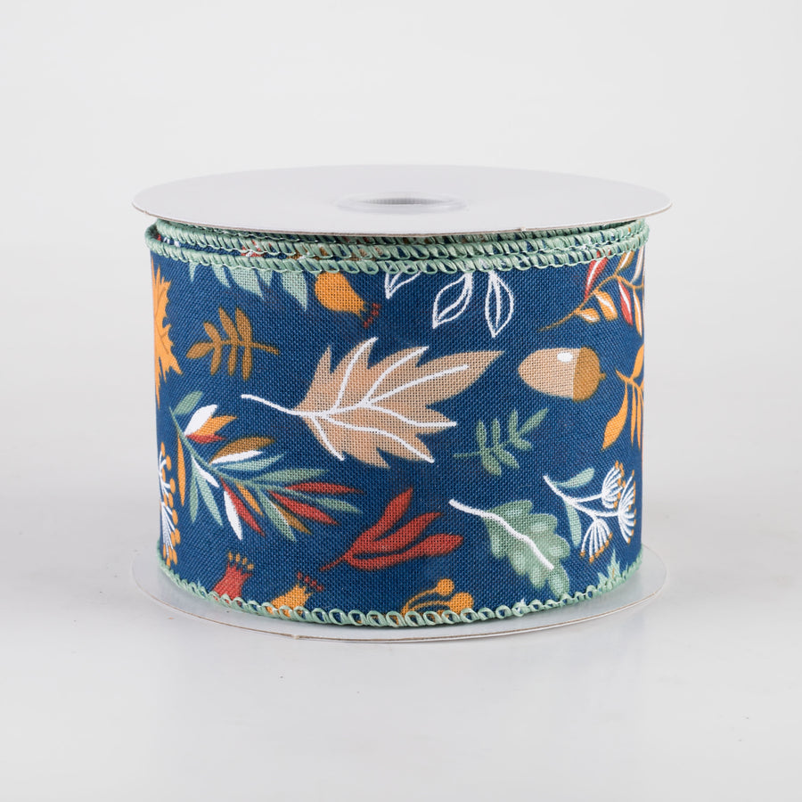 2.5" Linen Fall Foliage Ribbon: Orange & Teal on Navy (10 Yards)