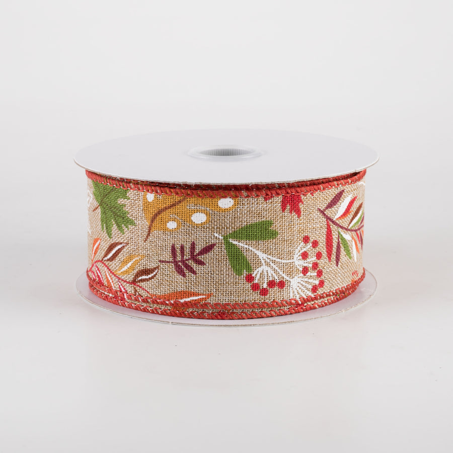 1.5" Linen Fall Foliage Ribbon: Green & Burgundy on Natural (10 Yards)