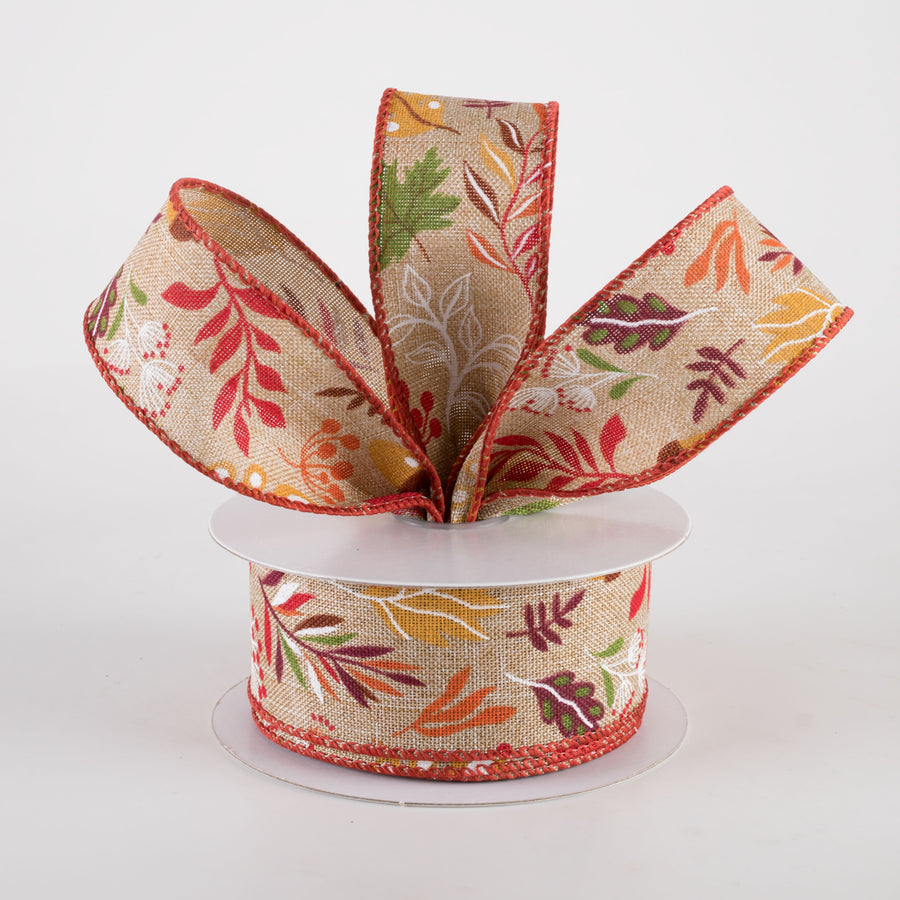 1.5" Linen Fall Foliage Ribbon: Green & Burgundy on Natural (10 Yards)