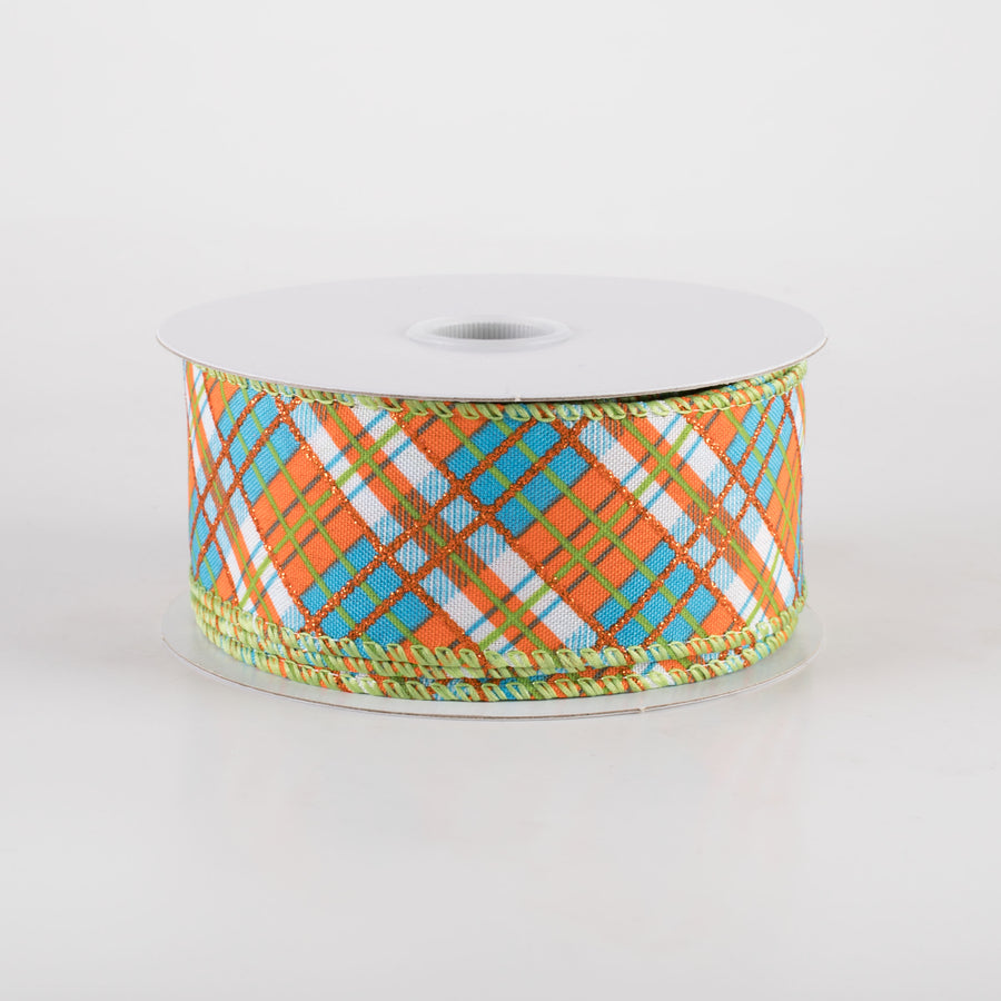 1.5" Busy Diagonal Plaid Ribbon: Teal Blue, Orange & Lime Green (10 Yards)