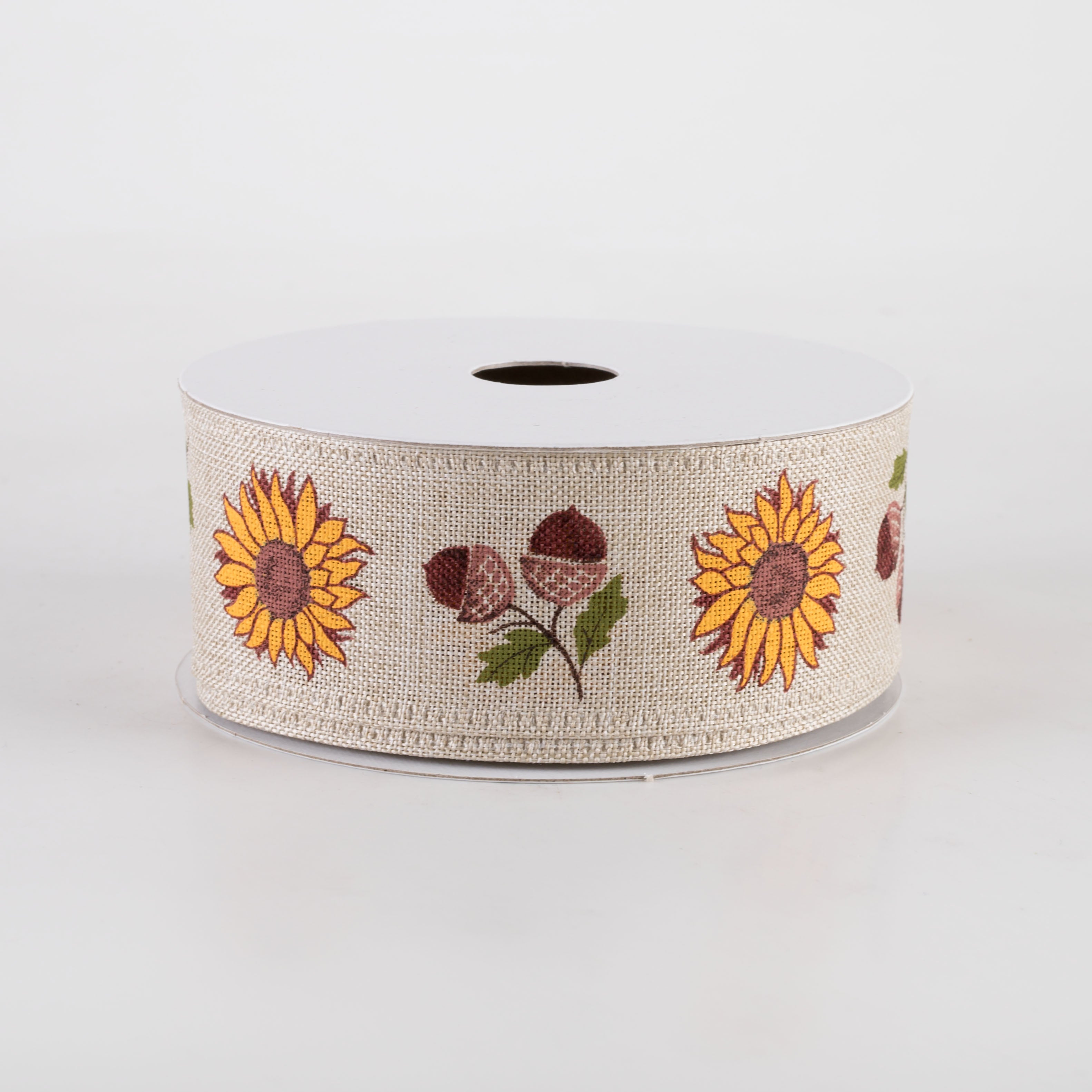 1.5" Linen Big Sunflower & Acorns Ribbon: Natural (10 Yards)