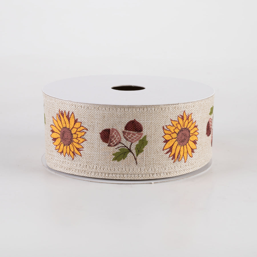 1.5" Linen Big Sunflower & Acorns Ribbon: Natural (10 Yards)