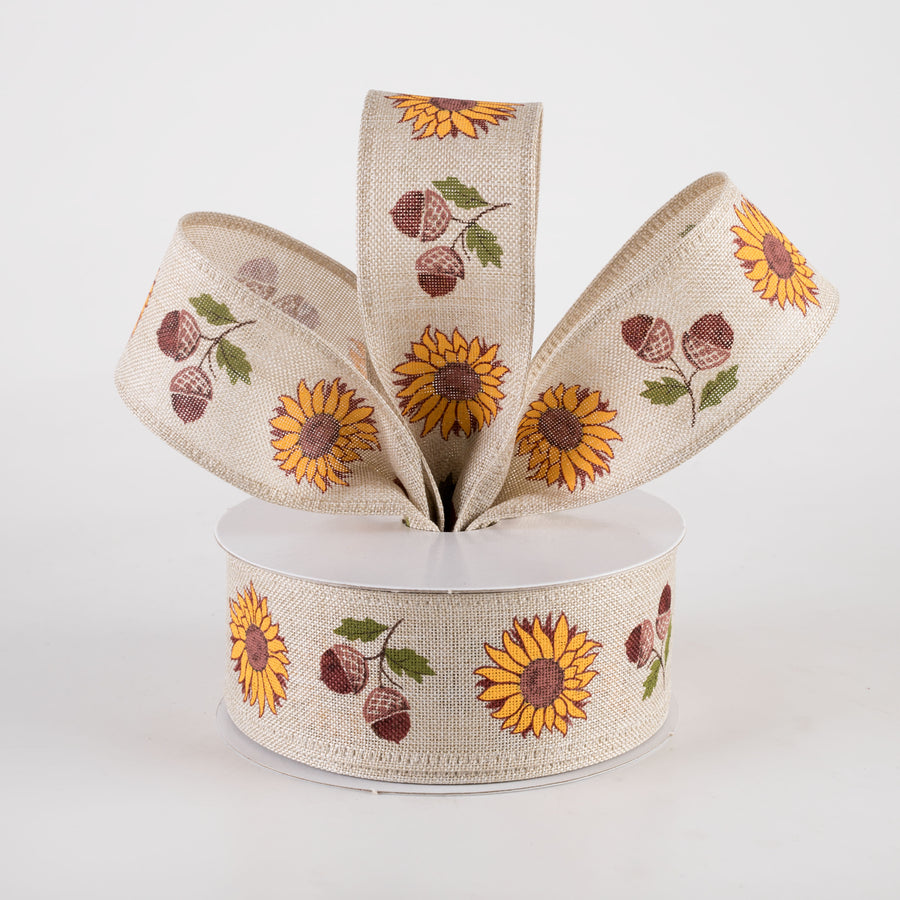 1.5" Linen Big Sunflower & Acorns Ribbon: Natural (10 Yards)