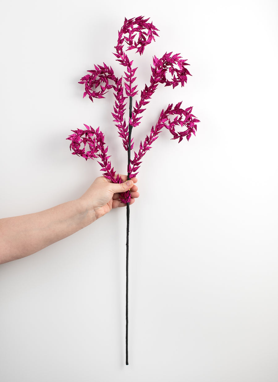 30" Glittered Leaves Curly Spray: Fuchsia Pink