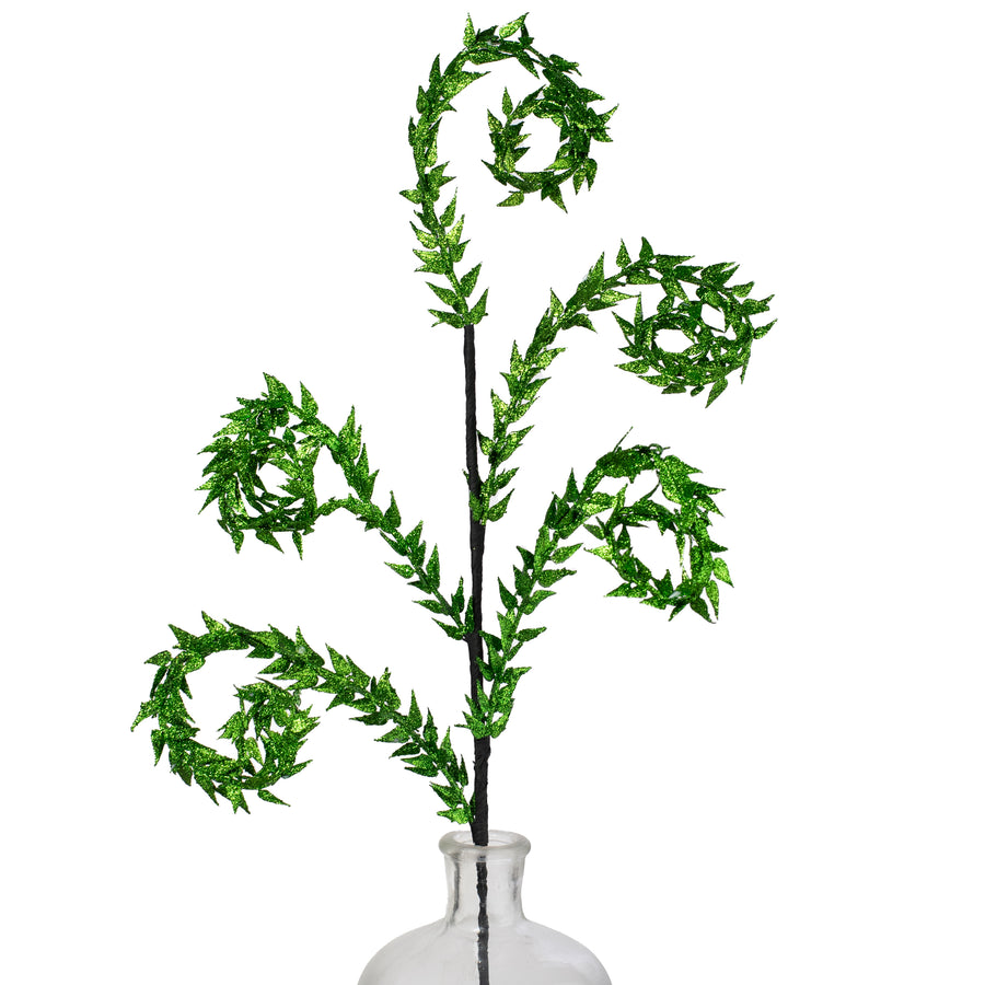 30" Glittered Leaves Curly Spray: Green