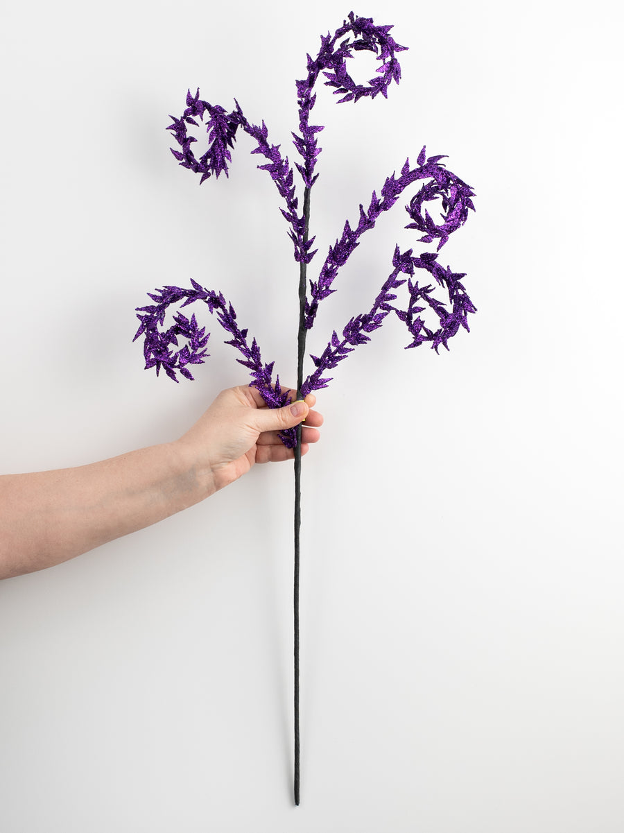 30" Glittered Leaves Curly Spray: Purple