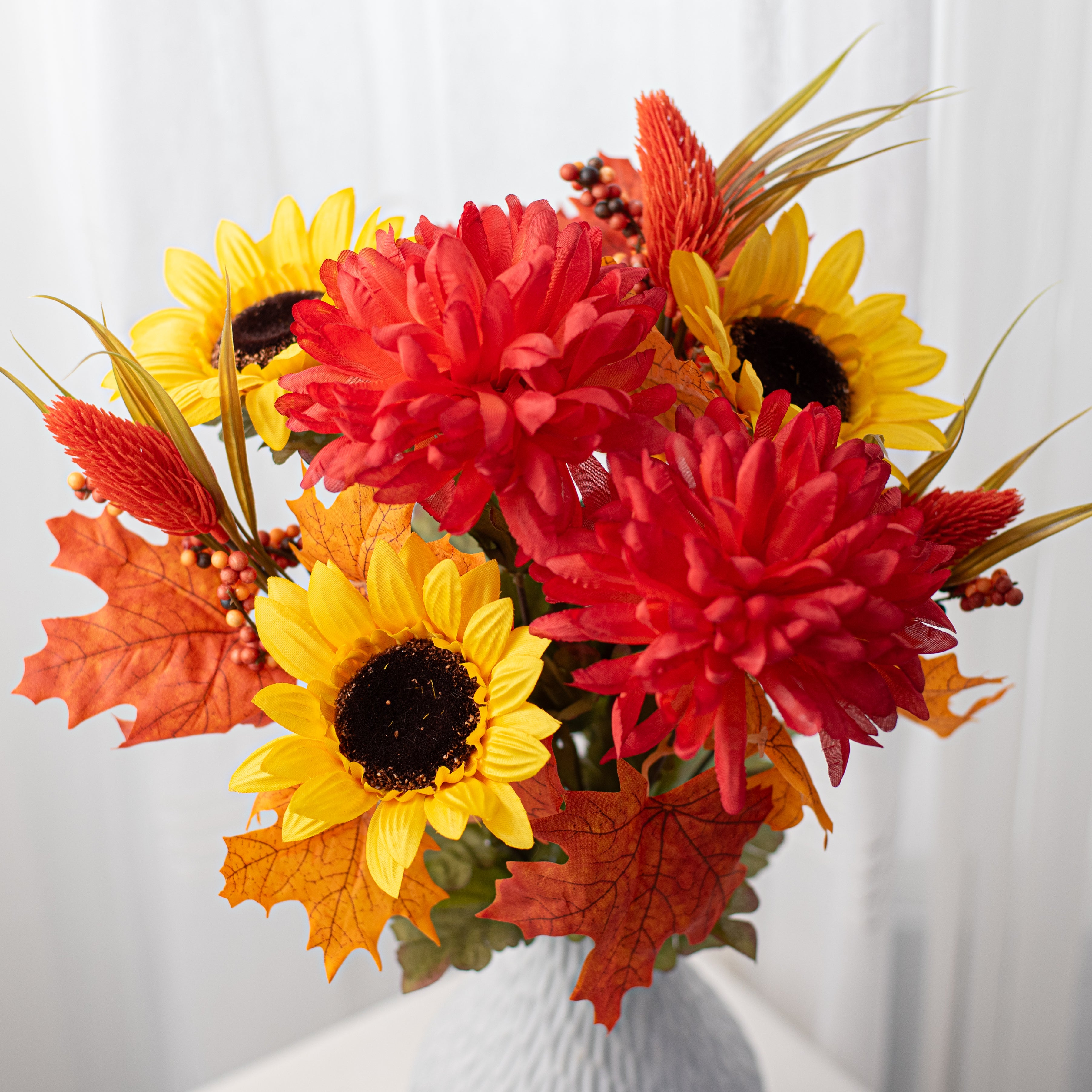 21" Sunflower & Ball Mum Filler Bush: Orange & Yellow (9 Stem)