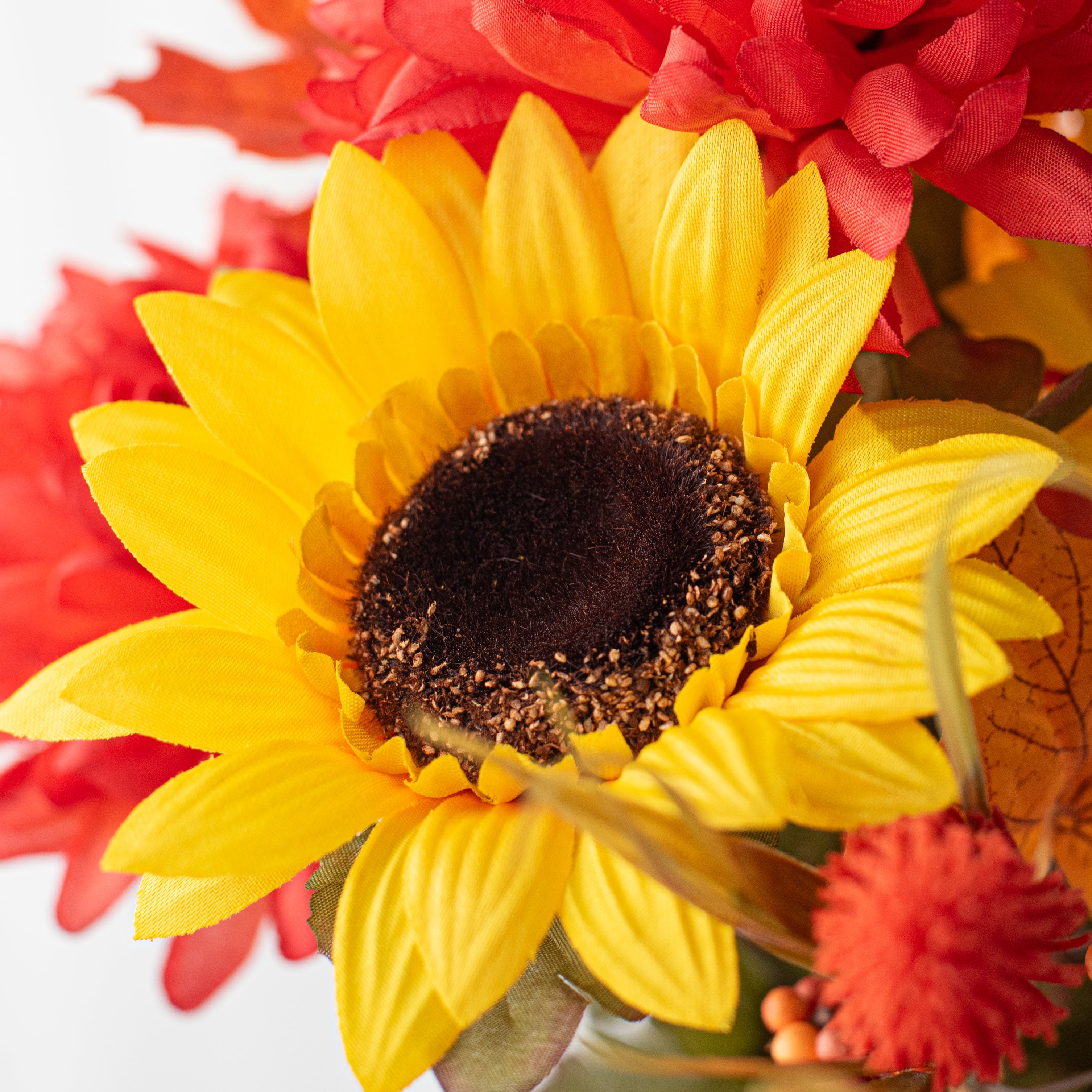 21" Sunflower & Ball Mum Filler Bush: Orange & Yellow (9 Stem)
