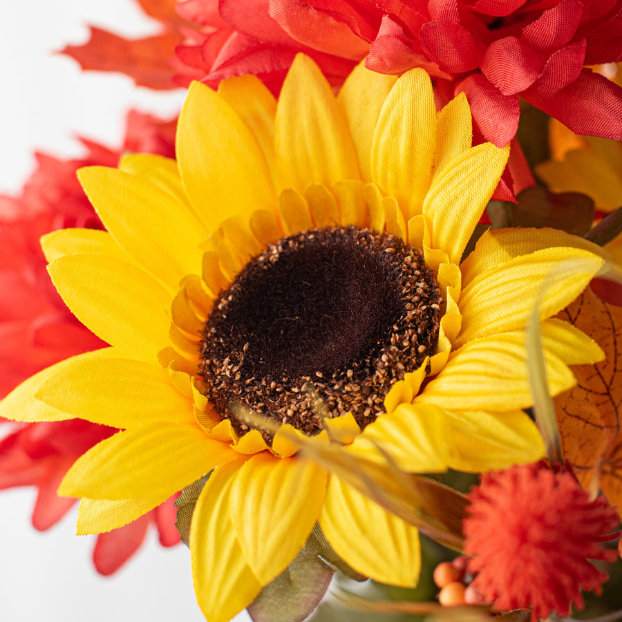 21" Sunflower & Ball Mum Filler Bush: Orange & Yellow (9 Stem)