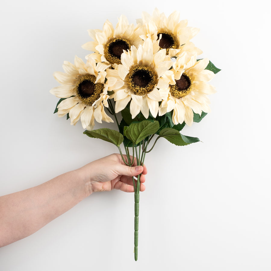 20" Fuzzy Fabric Sunflower Bush: Beige (5 Stem)