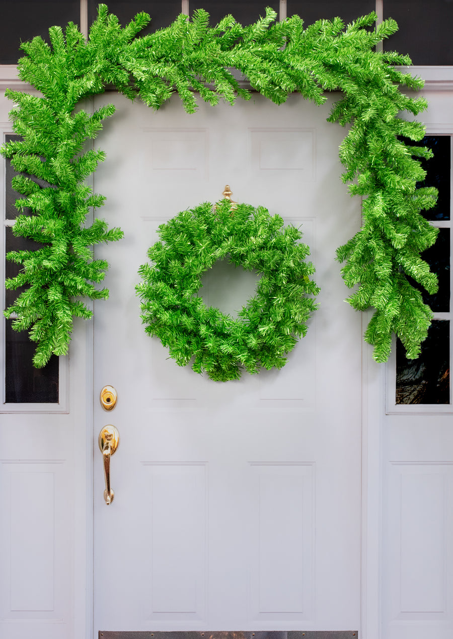 24" Pine Tinsel Wreath: Metallic Green