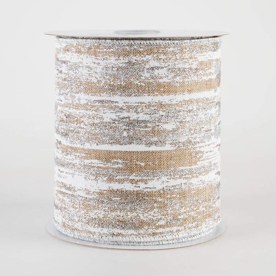 4" Glitter Metallic Paint Streaks Ribbon: Beige, White & Silver (10 Yards)