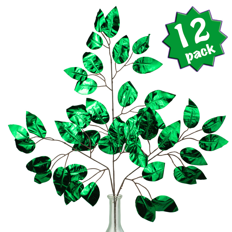 23" Metallic Ficus Leaf Spray: Emerald Green (12)