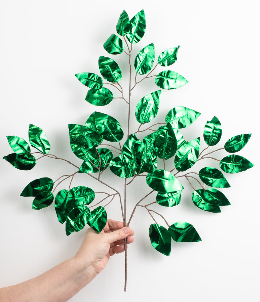 23" Metallic Ficus Leaf Spray: Emerald Green (12)