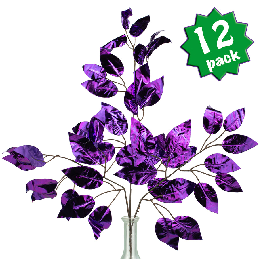 23" Metallic Ficus Leaf Spray: Purple (12)